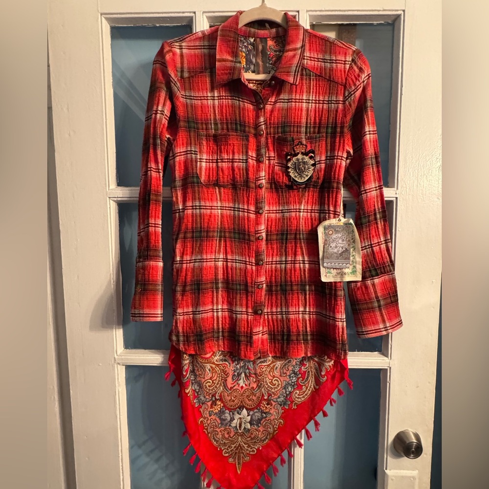 Aratta Red Plaid Blouse with Paisley Accent